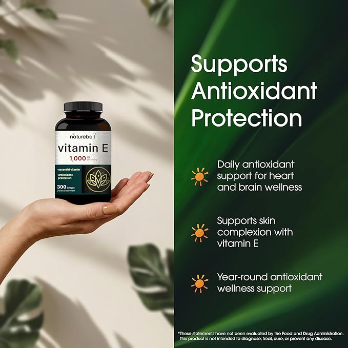 NatureBell Vitamin E 1,000 IU Per Serving - 300 Softgels - Antioxidant Supplement for Skin, Heart & Brain Health Support - High Bioavailability* - Gluten-Free & Non-GMO