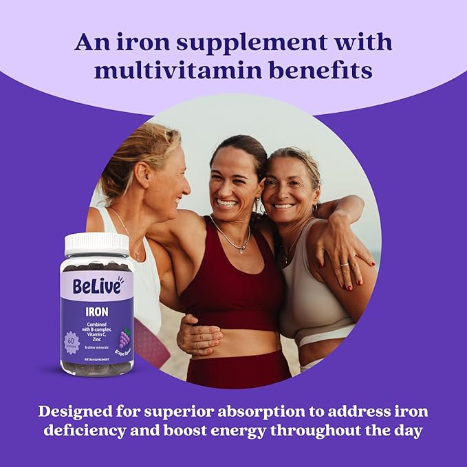 BeLive Iron Gummies - Multivitamin Iron Supplement with Vitamin C, A, B & Zinc, Supports Blood Oxygen, Vegan Supplements for Women, Men & Kids for Growth and Development - Grape Flavor | 2-Pack