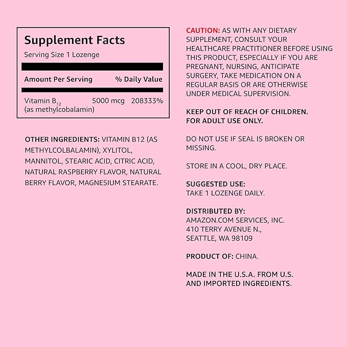 Amazon Elements Vitamin B12 Methylcobalamin 5000 mcg - Normal Energy Production and Metabolism, Immune System Support - 2 Month Supply, Berry Flavored Lozenges, 65 Count (Pack of 1)