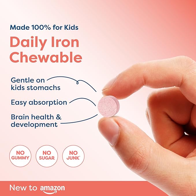 Hiya Iron+ Supplements for Kids - High Absorption Iron Supplement - Delicious Strawberry Flavor & Easy on Children's Stomach - No Added Sugar & Third Party Tested - 60 Day Refill Supply for Toddlers