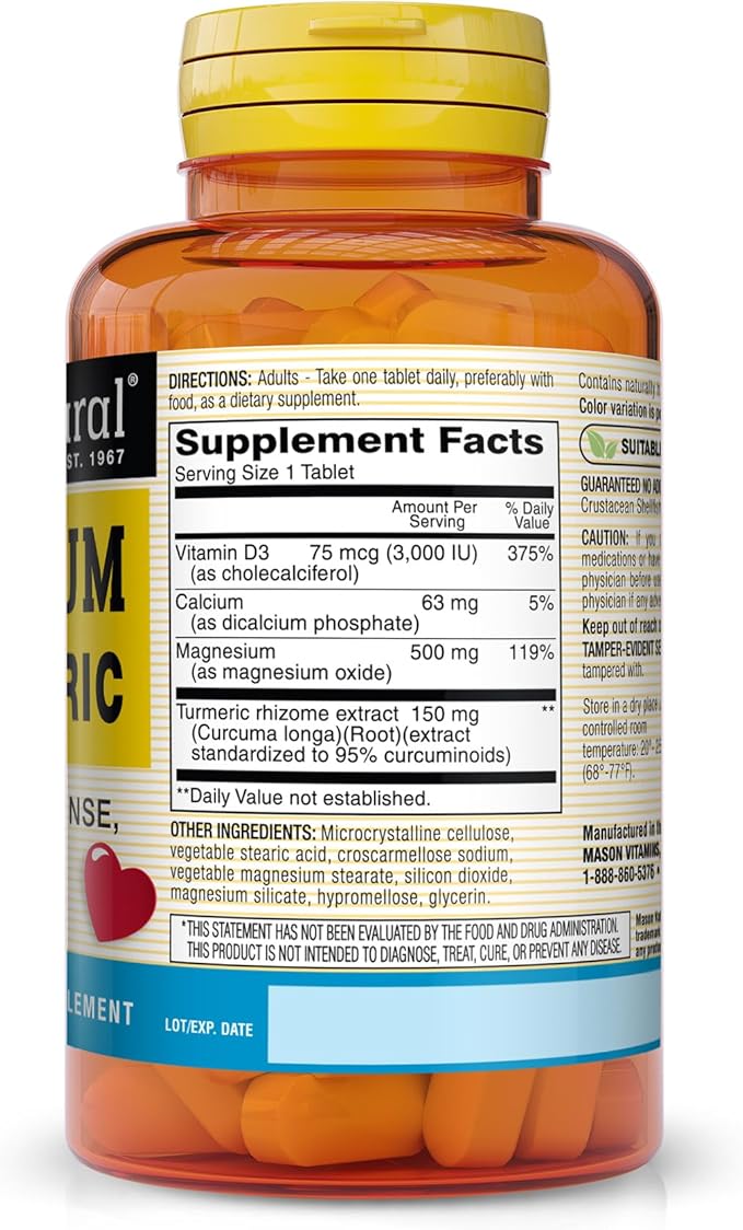 MASON NATURAL Magnesium & Vitamin D3 with Turmeric, 180,Day Supply, Dietary Supplement for Daily Wellness Support, 60 Tablets (Pack of 3)