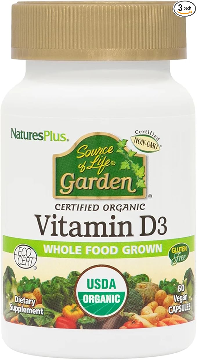 NaturesPlus Source of Life Garden Vitamin D3 - 60 Capsules, Pack of 3 - Immune System Support - USDA Certified Organic, Non-GMO, Vegan, Gluten Free - 90 Total Servings