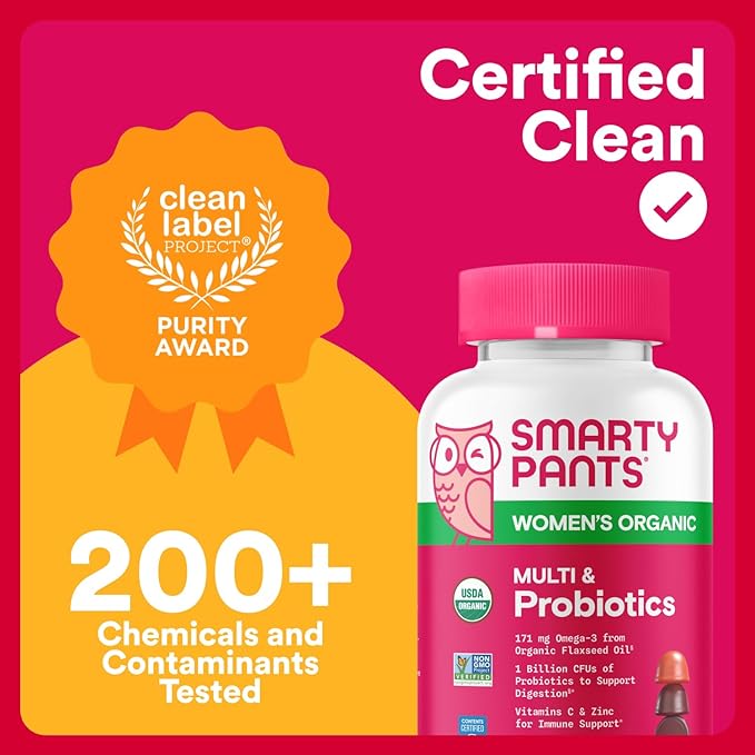 SmartyPants Organic Women's Multivitamin Gummies: Biotin, Probiotics, Methylfolate, Omega 3 (ALA), Vitamin D3, C, Vitamin B12, B6, A, K & Zinc, Inositol, Gluten Free, 120 Count (30 Day Supply)