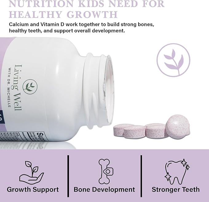 Living Well Kids Calcium & Tooth Support – Chewable Bone Health Vitamins with D3 + K2, Magnesium & Zinc – Strong Teeth & Enamel Defense – Berry Flavor – Fluoride-Free, Non-GMO