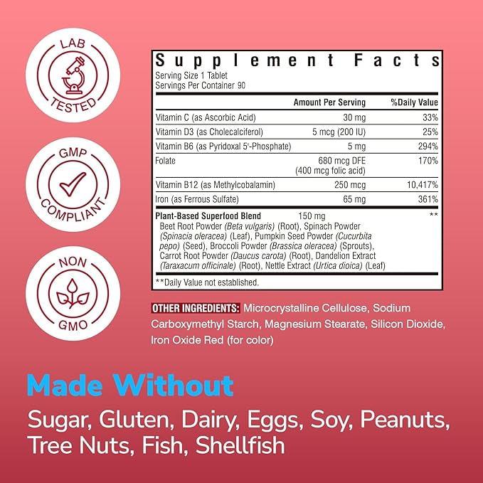 Iron Supplement for Women & Men, 65 mg, Ferrous Sulfate, Vitamin C, D3, B6, B12, Folate, Beet Root, Spinach, Pumpkin Seeds, Nettle, for Red Blood Cell & Energy Production, 90 Tablets