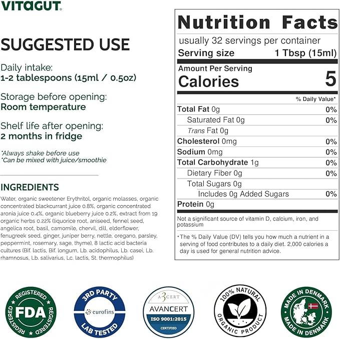 VITAGUT Liquid Probiotic, Prebiotics & Postbiotics 3-in-1 Organic, Live Probiotics for Women & Men - Probiotics for Digestive Health, 50 Billion CFU, 19 Fermented Herbs, Vegan Probiotic for Gut Health