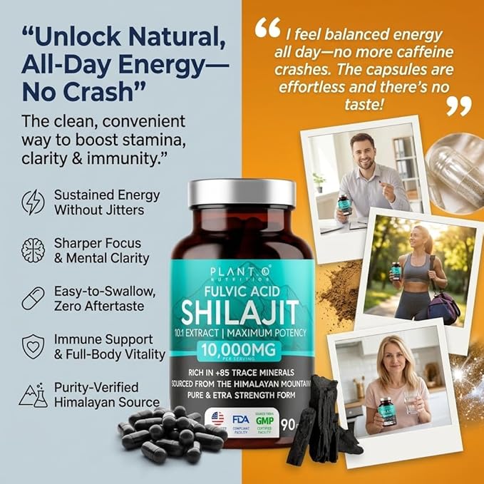 Pure Himalayan Shilajit Capsules - 10,000mg Maximum Potency | Fulvic Acid + 85 Trace Minerals | Energy Boost, Immune Support, Cognitive Function | 90 Veggie Pills for Men & Women