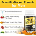 Probiotics for Men, 500 Billion CFUs & 12 Strains Mens Probiotic with Turmeric Cranberry, Goji, Gut Health for Men, for Digestive Health, Gut, Bloating & Gas, Immune, Energy Support, 120-Day Supply