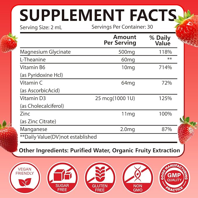 Magnesium Glycinate Liquid Drops 500mg – High Absorption with Vitamin B6, D3, C, Zinc – Supports Mood, Sleep, Heart & Bone Health – Vegan, Non-GMO, Gluten Free – 2 FL OZ, Strawberry Flavor
