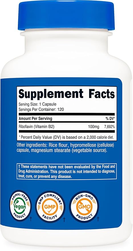 Nutricost Vitamin B2 (Riboflavin) 100mg, 120 Capsules - Gluten Free and Non-GMO