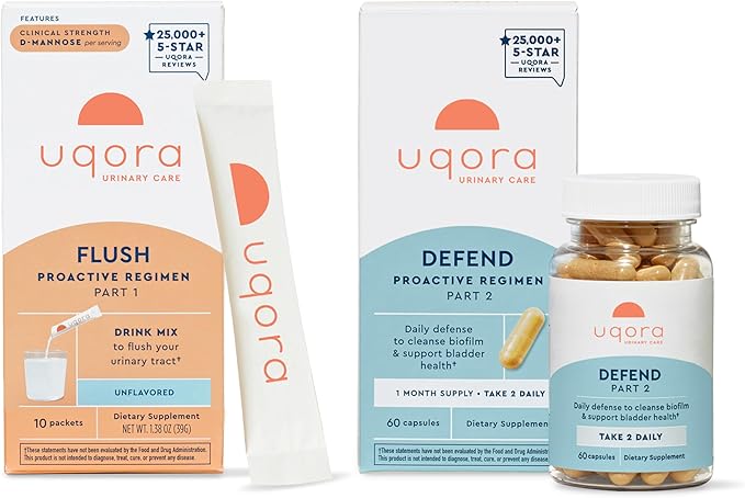 Uqora Flush (Unflavored, 10 Packets) & Defend (60 Capsules) Bundle - Support Urinary Tract* with D-Mannose, Vitamin C & More - Support Bladder Health & Cleanse Biofilm* with D-Mannose & More