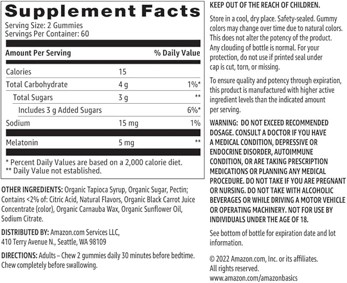 Amazon Basics Melatonin, Sleep Support Gummies, Strawberry Flavor, 5mg (Previously Solimo), 120 Count (Pack of 2)