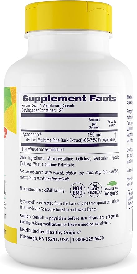 Healthy Origins Pycnogenol 150 mg, 120 Veggie Capsules - 100% Clinically Studied French Maritime Pine Bark Extract - Supports Healthy Heart, Joint Health & Skin Elasticity - 4 Month Supply
