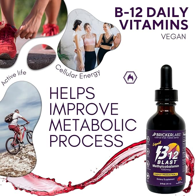 Bricker Labs B12 Blast Methylcobalamin 1000mcg, Great Tasting Sublingual Liquid Energy Vitamins -Vegan B12 Vitamins, Sustained Energy and Cellular Energy Supplement - 59-Day Servings