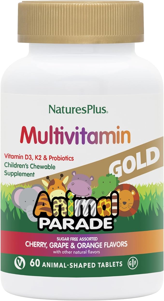 NaturesPlus Animal Parade Source of Life Gold Children's Chewable Multivitamin - Assorted Cherry, Orange & Grape Flavors - 60 Chewable Tablets - Vegetarian, Gluten-Free - 30 Servings