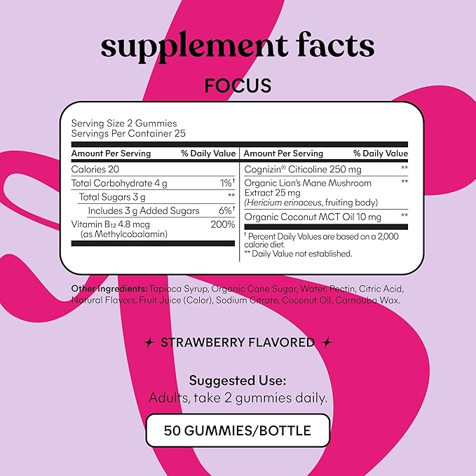Lemme Focus Concentration & Brain Health Gummies with Cognizin Citicoline, Lion's Mane Mushroom, Vitamin B12 to Support Focus + Concentration - Gluten Free, Caffeine Free, Strawberry (50 Count)