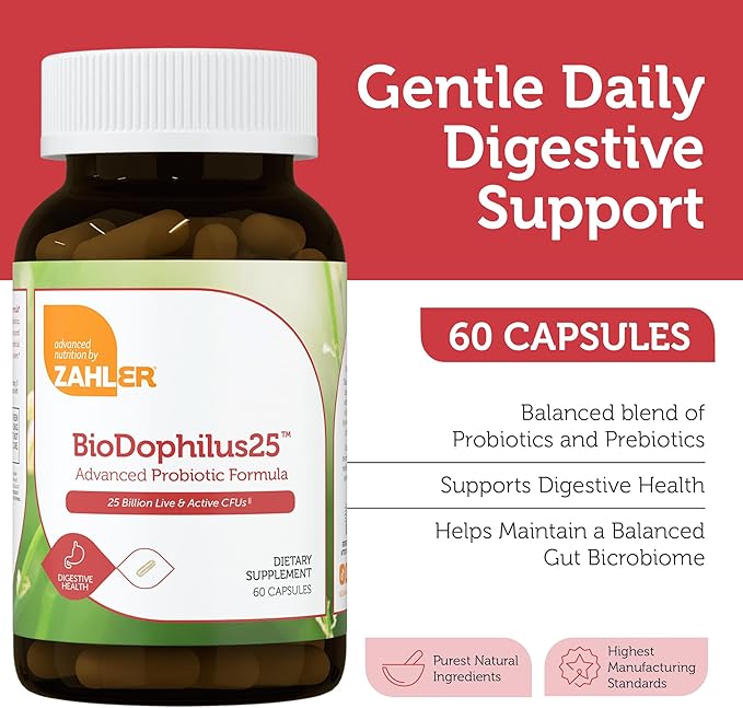 Zahler BioDophilus25, 25 Billion CFU Probiotic + Prebiotic - 11 Strains Daily Probiotic Supplement - Kosher Probiotics for Women for Digestive Health, Probiotics for Men for Gut Health (60 Capsules)