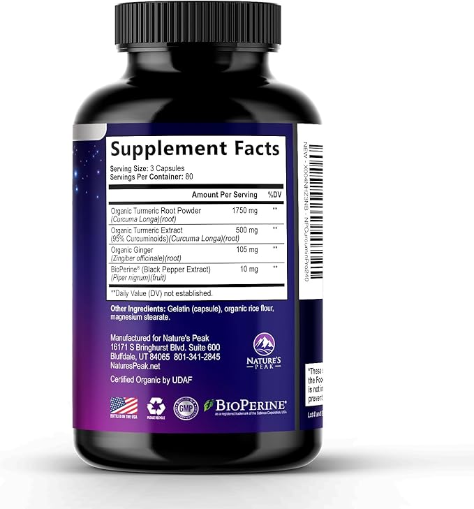 Turmeric Curcumin Supplement - 1750mg Organic Turmeric Per Serving - 95% Curcuminoids, Ginger & BioPerine Black Pepper for Best Absorption - Natural Vegan Joint Support, Bottled in USA - 240 Capsules