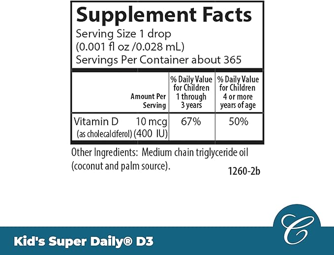 Carlson - Kid's Super Daily D3, Vitamin D Drops for Kids, 400 IU per drop, 1-Year Supply, Heart & Immune Health, Vegetarian, Liquid Vitamin D Drops, Unflavored, 365 drops