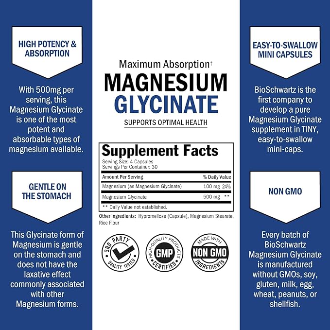 BioSchwartz Magnesium Glycinate 500mg Capsules (120 Mini Caps) Maximum Absorption Magnesium Supplement for Healthy Nerves Muscles Heart Mood and Sleep Support (Vegan, Gluten-Free, Non-GMO)