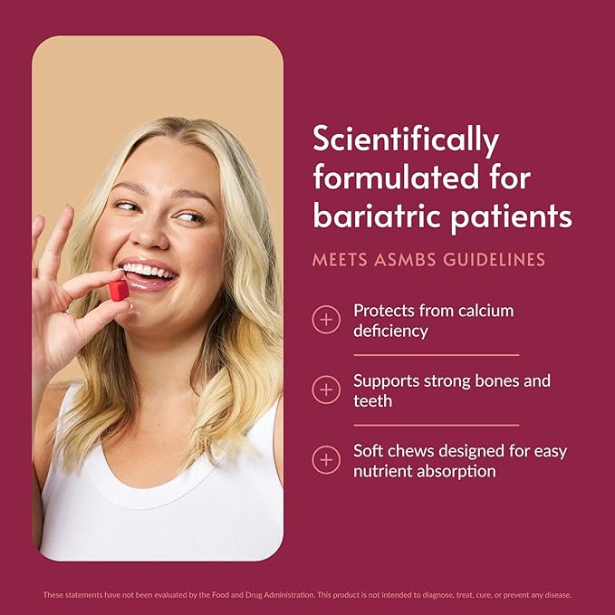 Bariatric Advantage Calcium Citrate Chewy Bites 500 mg - Highly Absorbable & Digestible - Vitamin D3 - Easily Chewable Calcium Supplement - Raspberry Flavor - 90 Count