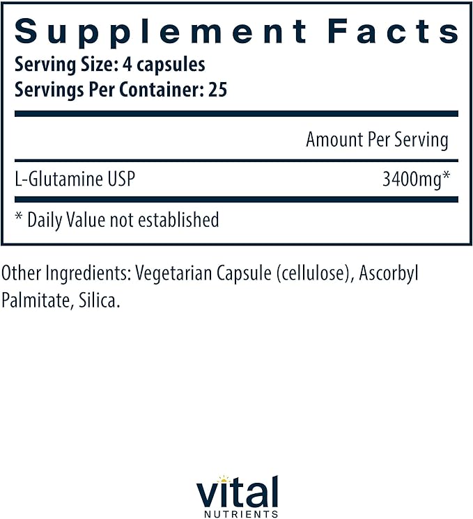 Vital Nutrients Glutamine - 3400mg L-Glutamine - Healthy Gastrointestinal Tract Function - Gluten, Dairy, Soy Free - Non-GMO - 90 Glutamine Capsules