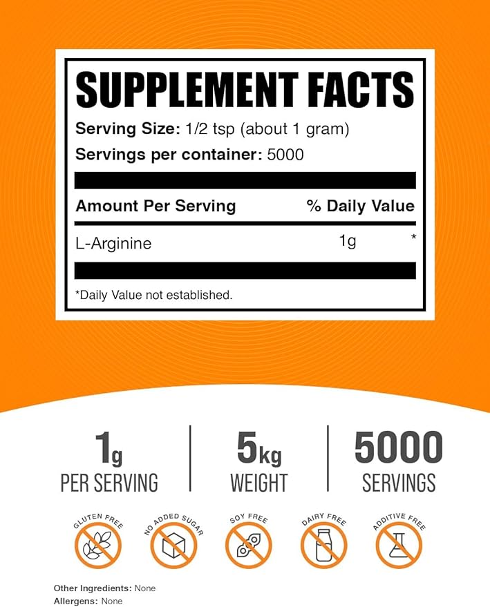 BulkSupplements.com L-Arginine Powder - Arginine Supplement, Nitric Oxide Supplement, Unflavored & Gluten Free, 1g per Serving, 1kg (Pack of 5) (11 lbs)