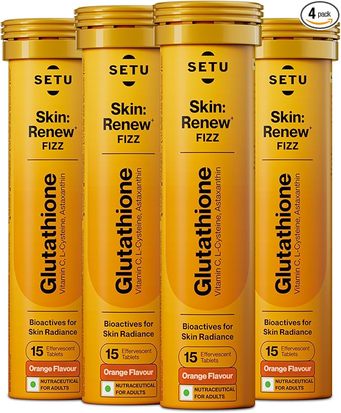 SETU Glutathione Effervescent Tablets with 500mg L-Glutathione & Vitamin C | Sugar-Free Antioxidant Supplement | Orange Flavor (Pack of 4) | 60 Tablets