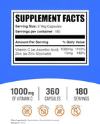 BulkSupplements.com Vitamin C with Zinc Capsules - Vitamin C 1000mg & Zinc 15mg, for Immune Support - Vegan, 2 Capsules per Serving, 360 Veg Count (Pack of 1)
