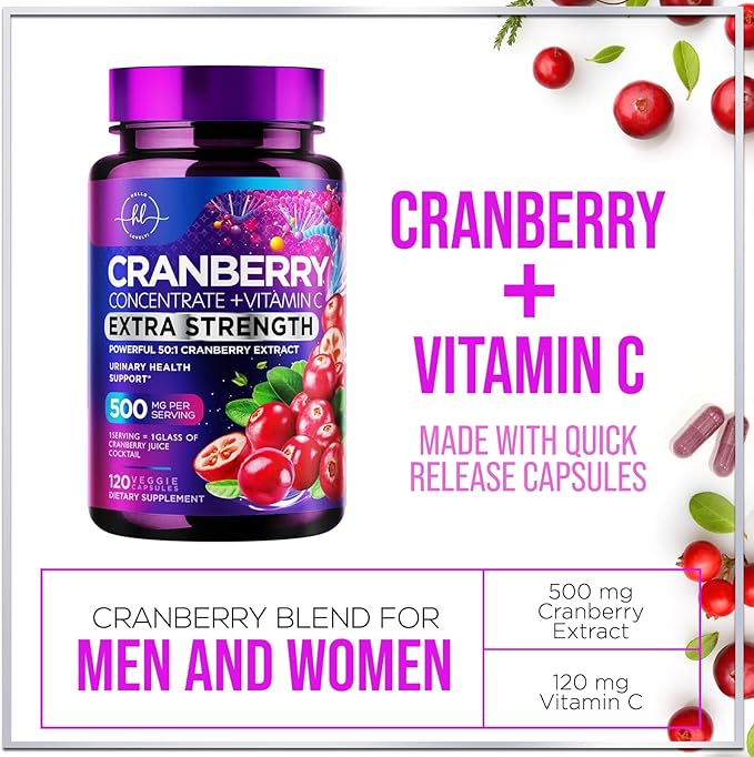 Cranberry Extract 500mg Per Serving Supplement Pills - 3X Strength Concentrated Whole Fruit Cranberry with Vitamin C, Triple Strength for Cleanse & Urinary Tract Health Support - 120 Capsules