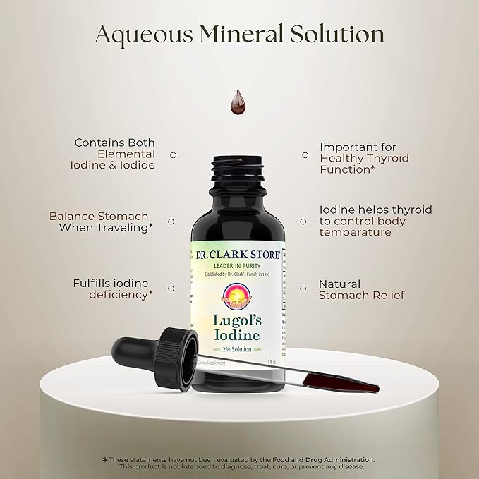 Stomach Saver from Dr. Clark Store, Contains Lugol’s Iodine 2% Granular Iodine - 1 fl. Oz with a Dropper and Cone Cap for Traveling