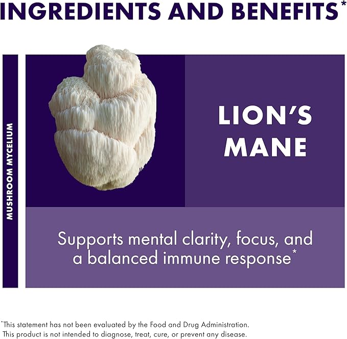 Host Defense Mushrooms Lion's Mane - Supplement Capsules for Brain Health Support - Mushroom Support for Focus & Memory Function - Immune & Nervous System Supplement - 120 Capsules