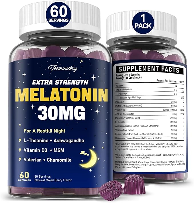 Melatonin Gummies 30mg for Adults: Maximum Strength Melatonin Supplement with L-Theanine, Ashwagandha, MSM, Vitamin D3 & Zinc - Non-Habit Forming, Natural Mixed Berry Flavor 60 Count (Pack of 1)