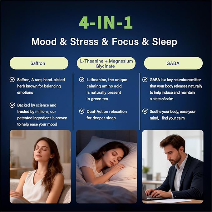 L Theanine 200mg with Saffron, GABA, Magnesium Glycinate & Vitamin B6, L-Theanine Supplement Advanced Complex Formula for Mood Relaxation & Stress Relief & Sleep Support, 60 Vegan Capsules