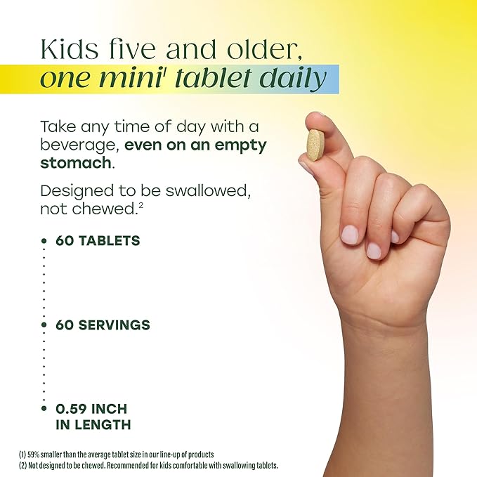 MegaFood Kids One Daily Multivitamin - Convenient Mini Multivitamin for Kids - with Zinc, Vitamins C, B & D - Vegetarian, Gluten Free, Non GMO - 60 Tablets, 60 Servings