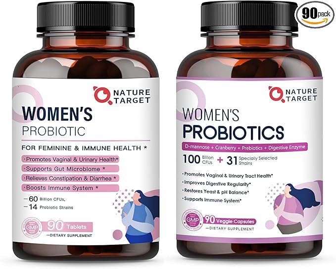 NATURE TARGET Women's Probiotics & Prebiotics, Cranberry & D-Mannose, 50-Billion-CFUs, Organic Probiotics for Digestive Health/Gut Health/Immune Booster/Weight Management