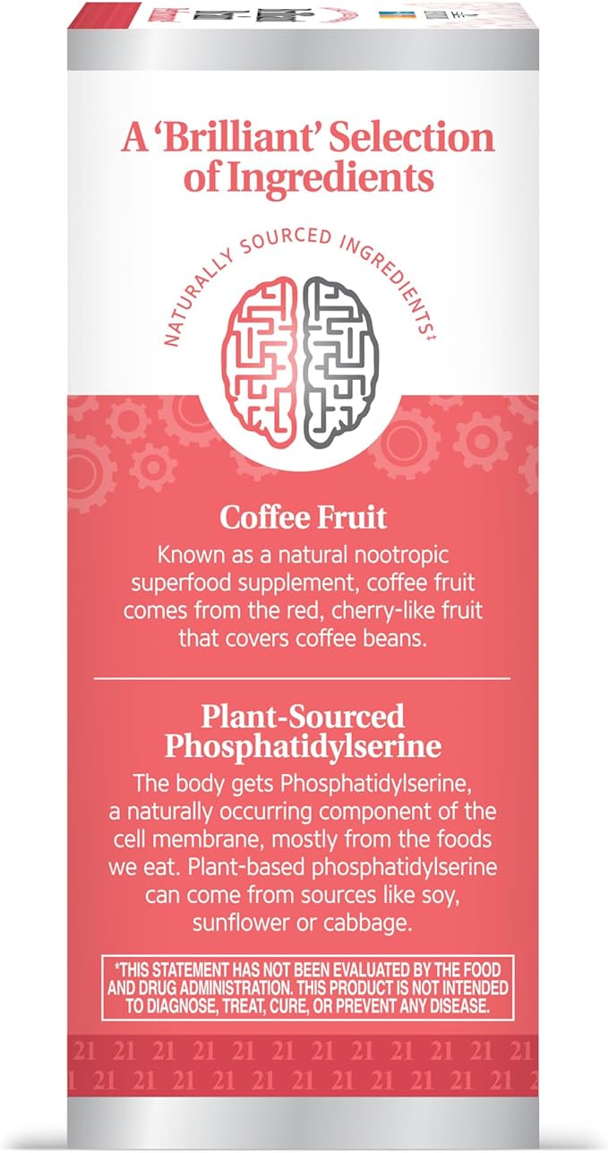 21st Century Brilliant Brain Performance Capsules, (30 Count), Cognitive Health Support, Contains Plant-Sourced Phosphatidylserine & Nootropic Coffee Fruit Extract, Decaf & Gluten Free
