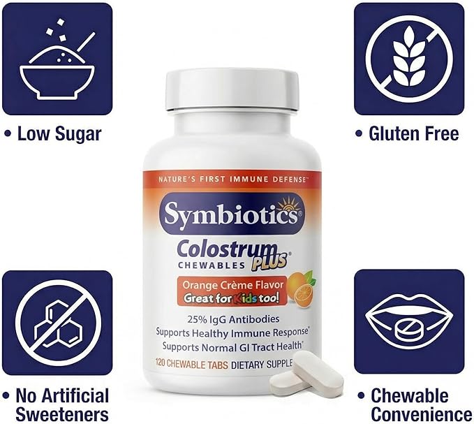 Symbiotics Naturade Colostrum Chewable Tablets Immune & Digestive Support with Lactoferrin, Gluten Free, Low Sugar, Easy Daily Wellness Nutrition (120 Count - Orange Cream)