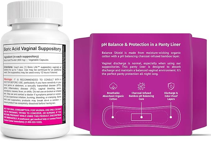 NutraBlast Boric Acid Suppositories 600mg (30 Count) Bundle with Balance Shield Panty Liners (180mm, 20-Pack) | Discharge & Odor-Proof Layers | Charcoal-Infused Bamboo Balancing Core