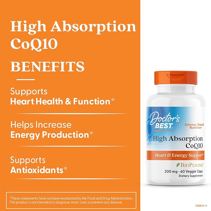Doctor's Best High Absorption CoQ10 200mg with BioPerine Supplement - Coenzyme Q10 Caps for Heart Health & Antioxidant Support, CoQ10 200 mg for Women & Men, Non GMO - 60 Veg Capsules