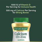 Nature's Bounty Calcium + D3 + Zinc Gummies, Supports Strong Bones & Teeth Plus a Healthy Immune System, 500mg, Orange and Cherry Flavored, 70 Gummies