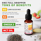 (4 Pack) Organic Vitamin D3 K2 Drops with MCT Oil Omega 3, 5000 IU - Maximum Strength Vitamin D Liquid, No Fillers, Non-GMO Liquid D3 for Faster Absorption and Immune Support (Strawberry, 4 Fl Oz)
