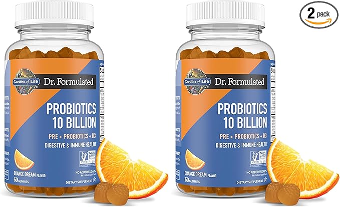 Garden of Life Dr Formulated 10 Billion CFU Prebiotic Fiber&Probiotic Gummies-Vitamin D3 for Digestive and Immune Health – Gluten Free,Non GMO,No Added Sugar,Orange Dream Flavor,60 Gummies(Pack of 2)