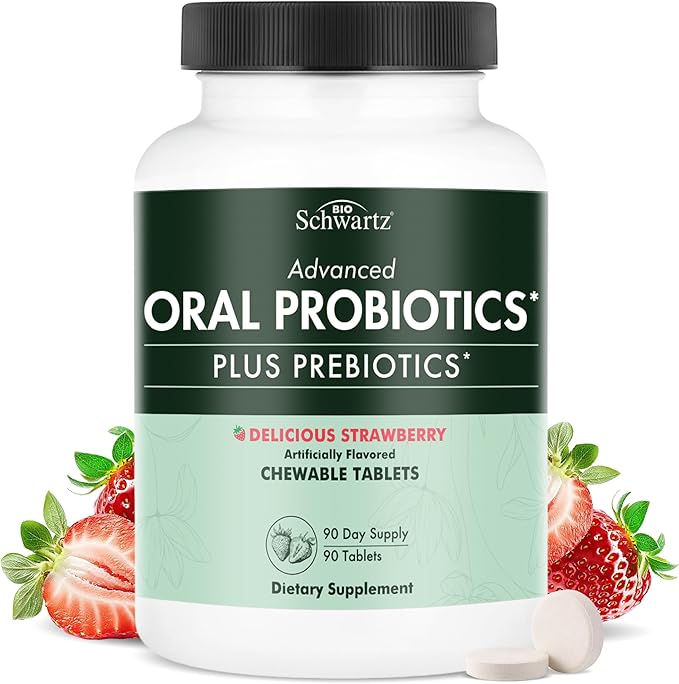 Oral Probiotics Supplement with Prebiotics - Supports Healthy Teeth Gums Mouth and Fresh Odorless Breath for Adults - Strawberry Flavored Chewable Dental Probiotic (90 Tablets, 90 Day Supply)