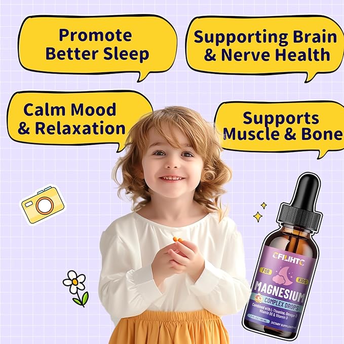 Kids Magnesium Liquid Drops-Magnesium Glycinate Liquid for Kids Supplement-w/L-theanine, Omega-3, Vitamin B6, D3 - for Sleep, Relaxation, Brain, Bones - Peach Flavor, 4 Fl Oz