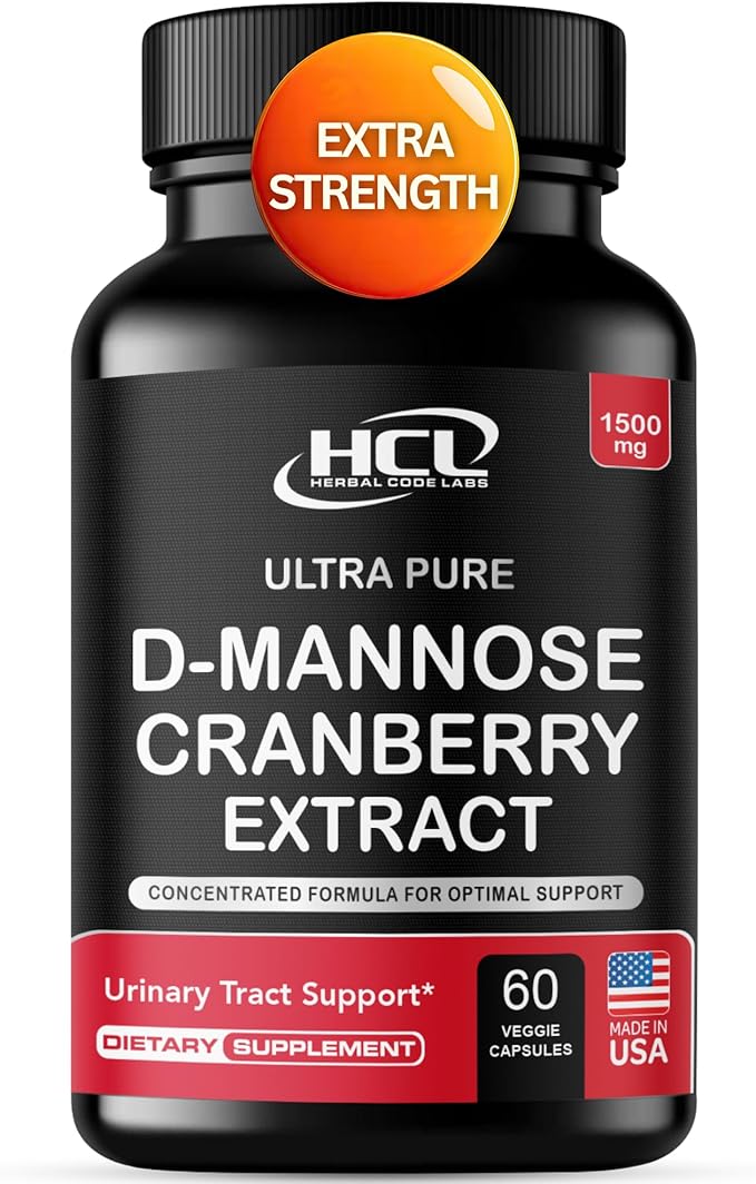 HCL HERBAL CODE LABS D-Mannose with Cranberry Extract Capsules 1500mg – High Potency USP Grade D-Mannose Supplement with Whole Fruit Cranberry Powder – Urinary Tract Support – Non-GMO 60 Capsules