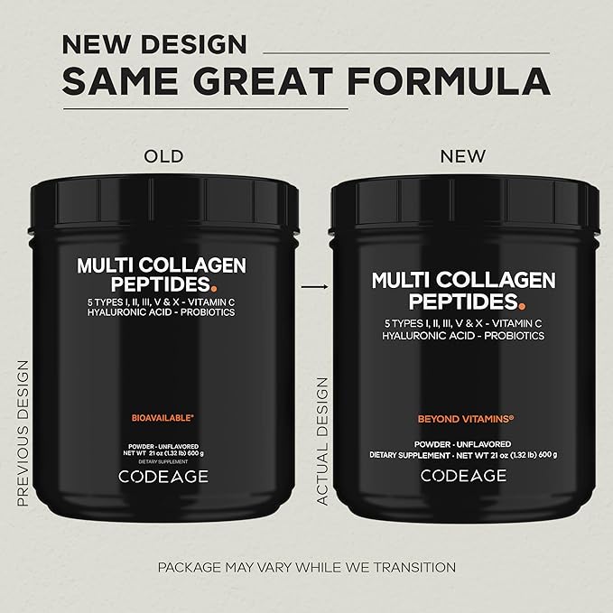 Codeage Multi Collagen Peptides + Probiotics Black Edition, Vitamin C, Hyaluronic Acid Powder Supplement, Grass-Fed, Pasture-Raised, Hydrolyzed, Zero Carbs, Type I, II, III, V & X, Unflavored, 21oz