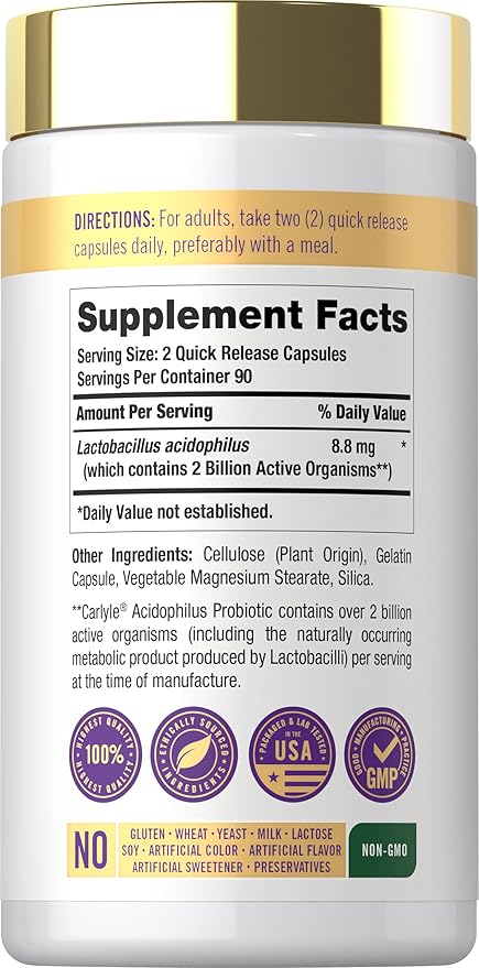Carlyle Acidophilus Probiotic for Women & Men's Digestive Health | 2 Billion CFU | 180 Quick Release Capsules | Non-GMO & Gluten Free