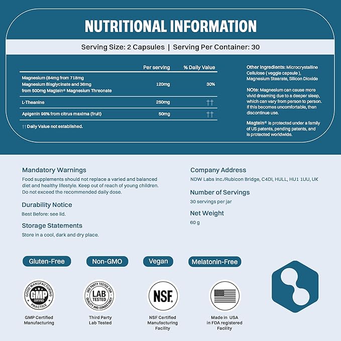 Magnesium Sleep Supplement - Magnesium Threonate, Chelated Magnesium's Bisglycinate, L-Theanine & Apigenin - Sleep Assist - Powerful Blend for Better Sleeping and Restful Nights - 60 Capsules
