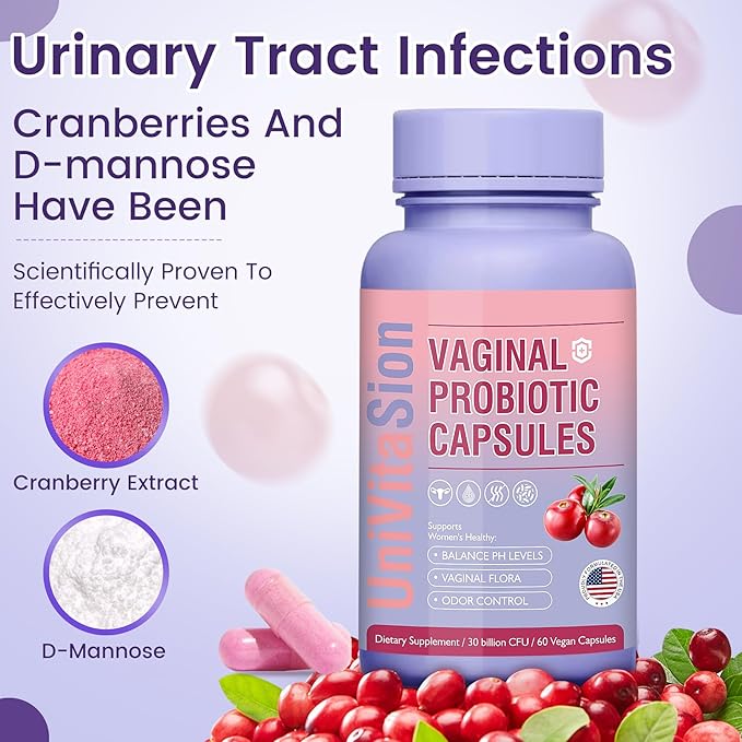 UniVitaSion Vaginal Probiotics for Women pH Balance, Lactobacillus Prebiotic Complex, Cranberry Extract, D-Mannose for Protect Vaginal Health Flora, Vaginal Odor Control - 30 Billion CFU, 60 Capsules